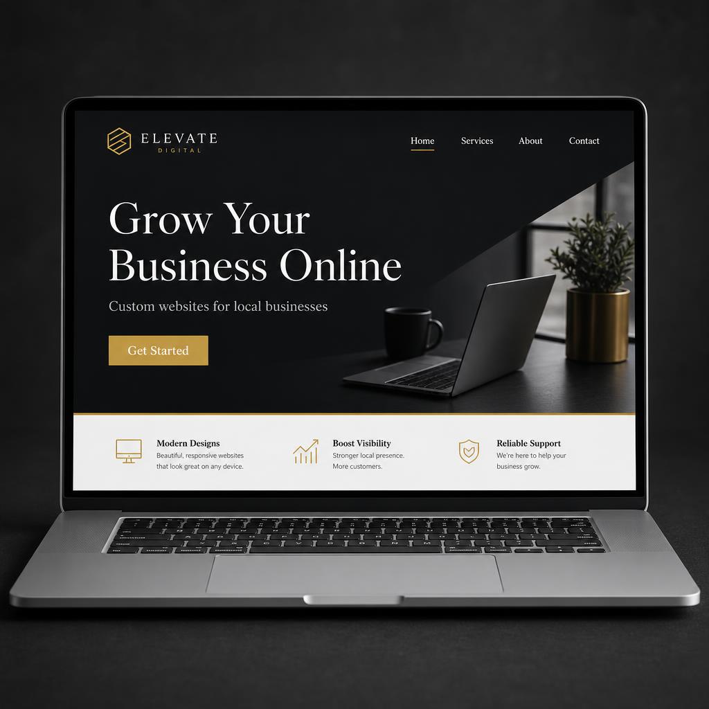 Laptop displaying a modern small-business website designed by Prestige Webworks